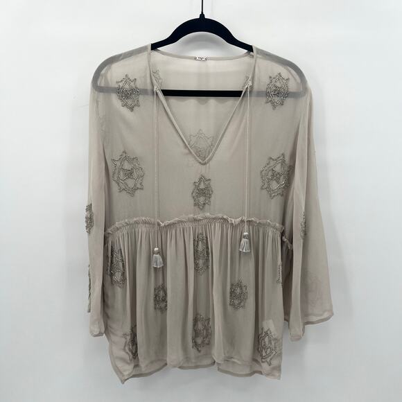Chan Luu Beaded Sheer Top Womens Medium Light Beige Silver Flowy - Picture 2 of 10